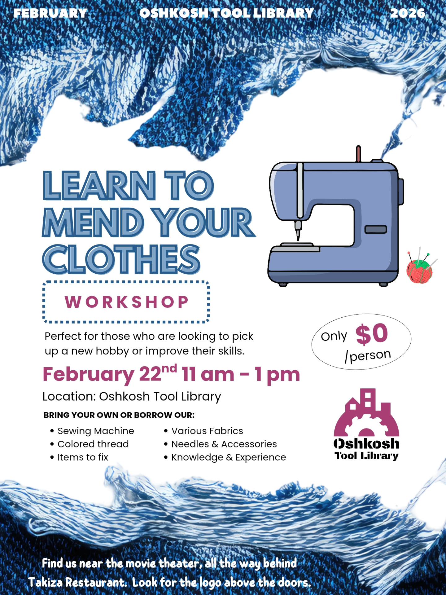 Poster of Oshkosh Tool Library 2026 February Learn to Mend Your Clothes Workshop